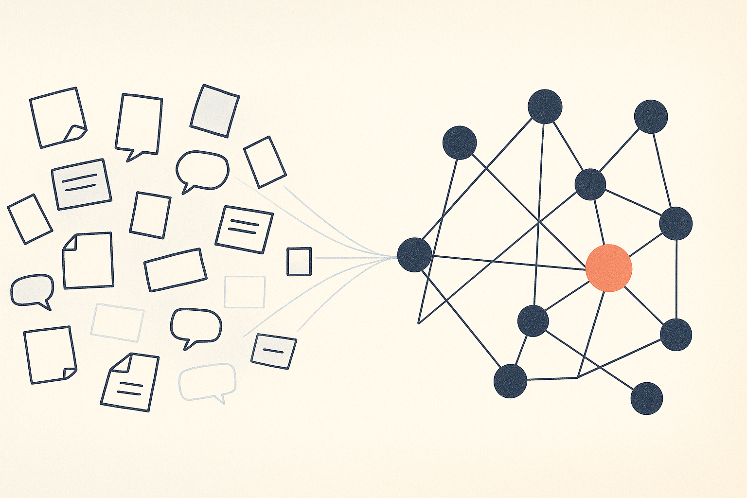 Scattered fragments of knowledge on the left resolving into one structured, connected knowledge graph on the right