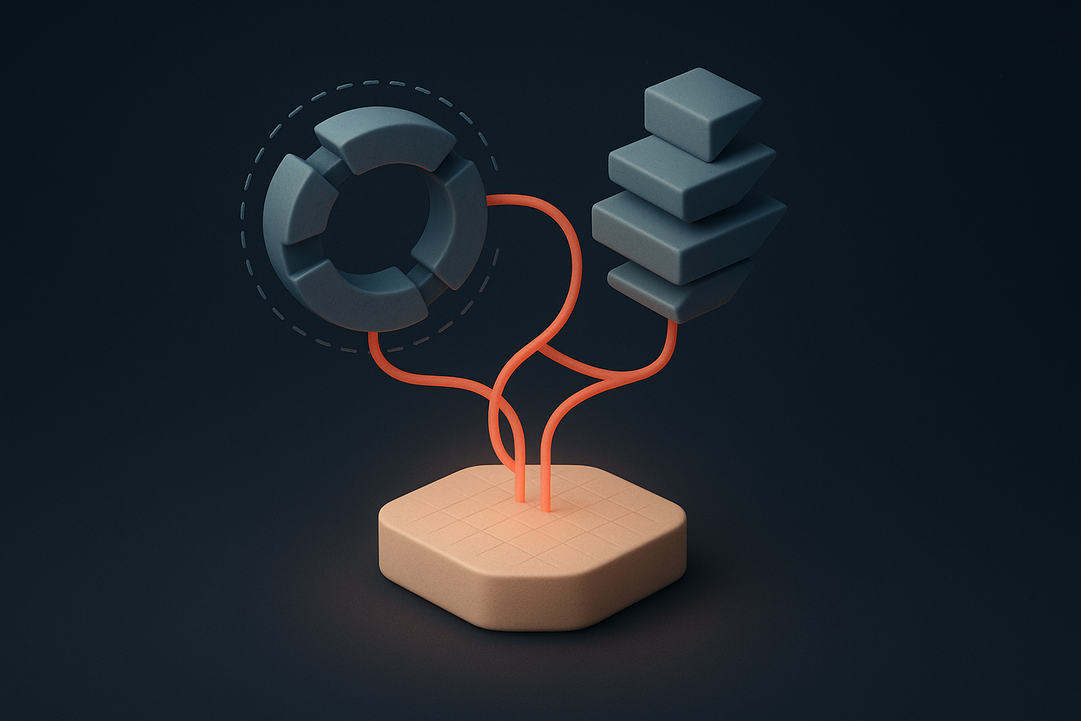 A central node-ring brain with two symmetrical engine circuits — one drawing work in from documents, one pushing shipped cubes out — both wired back into the ring