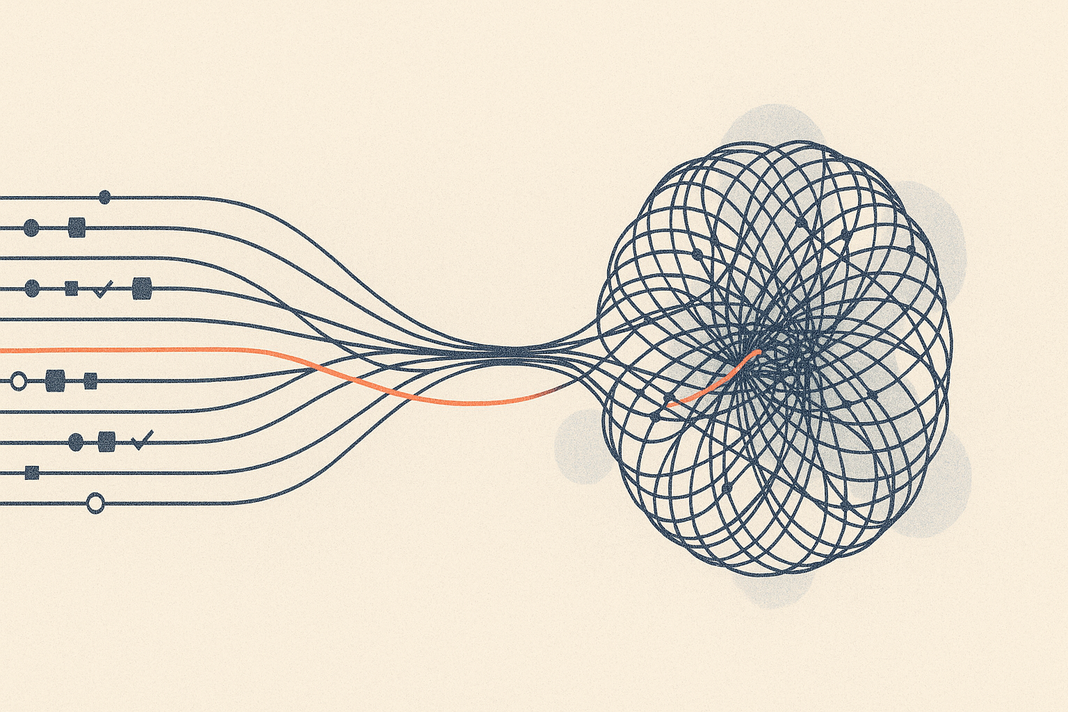 Abstract diagram of eight years of threads of work converging and weaving into one dense knowledge-graph core