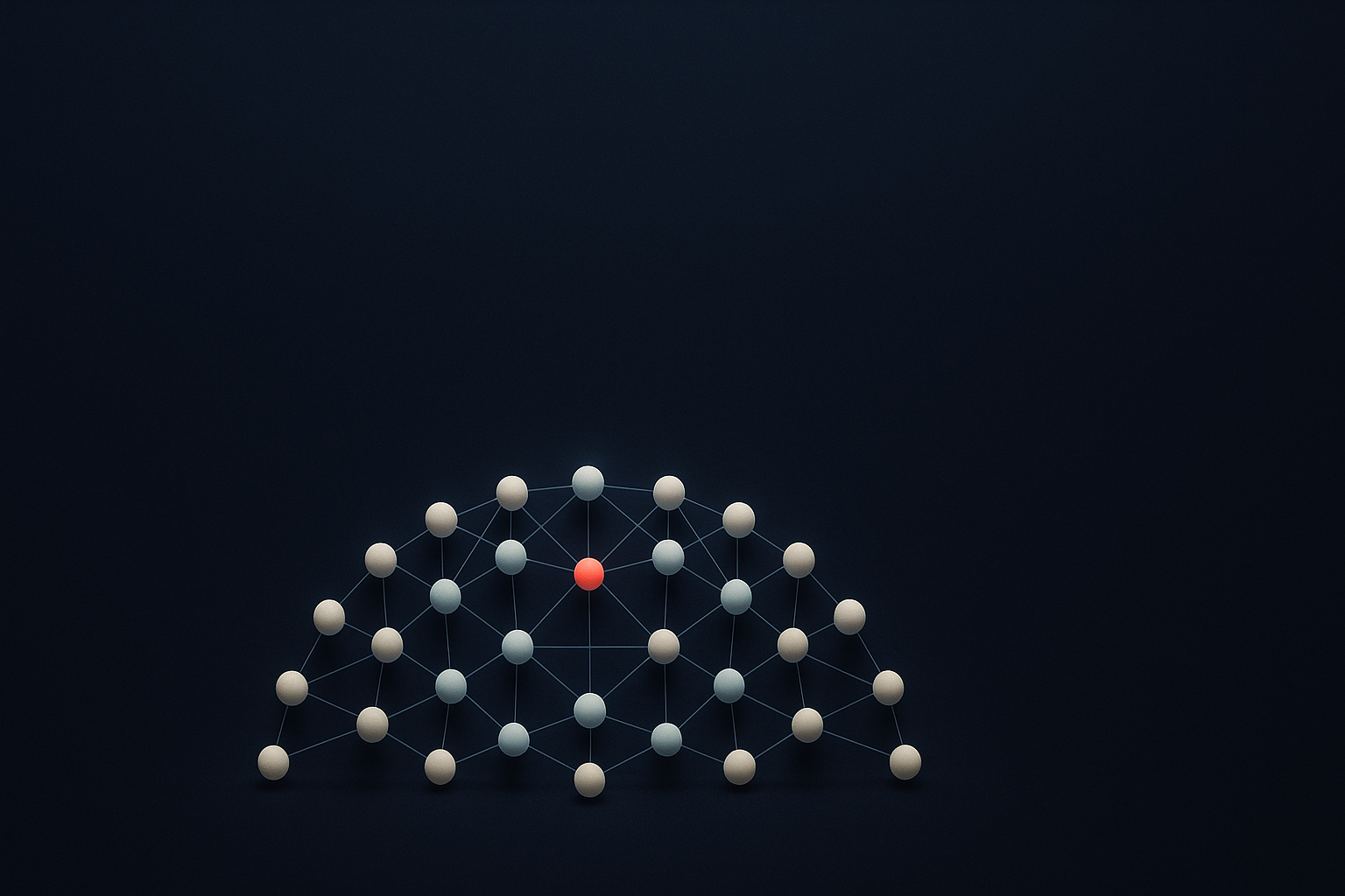 A completed knowledge graph at rest: an ordered constellation of connected nodes glowing softly against deep navy, one node warm coral