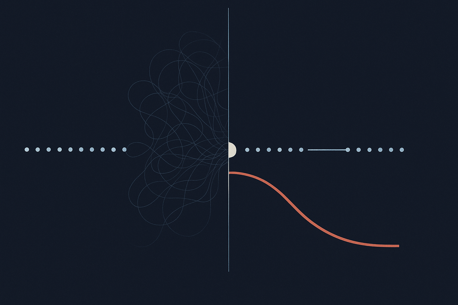 Abstract contrast of two operating models: effort dissipating into a tangle versus a clean metric curve bending down as work flows through a brain-run path