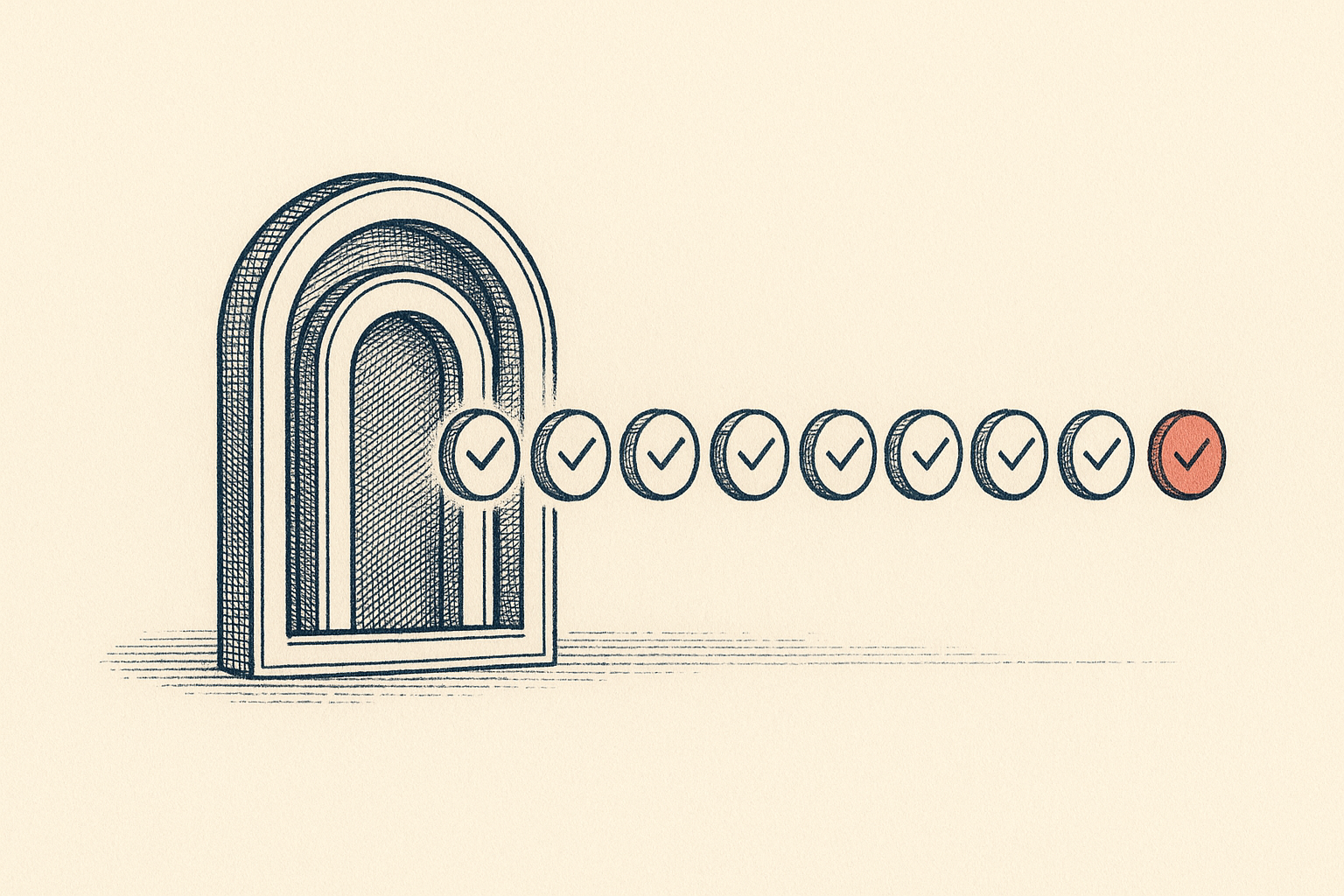 An ID card passes through a doorway frame on a track; beyond the door a row of ticked circles, with one card raised to a person glyph